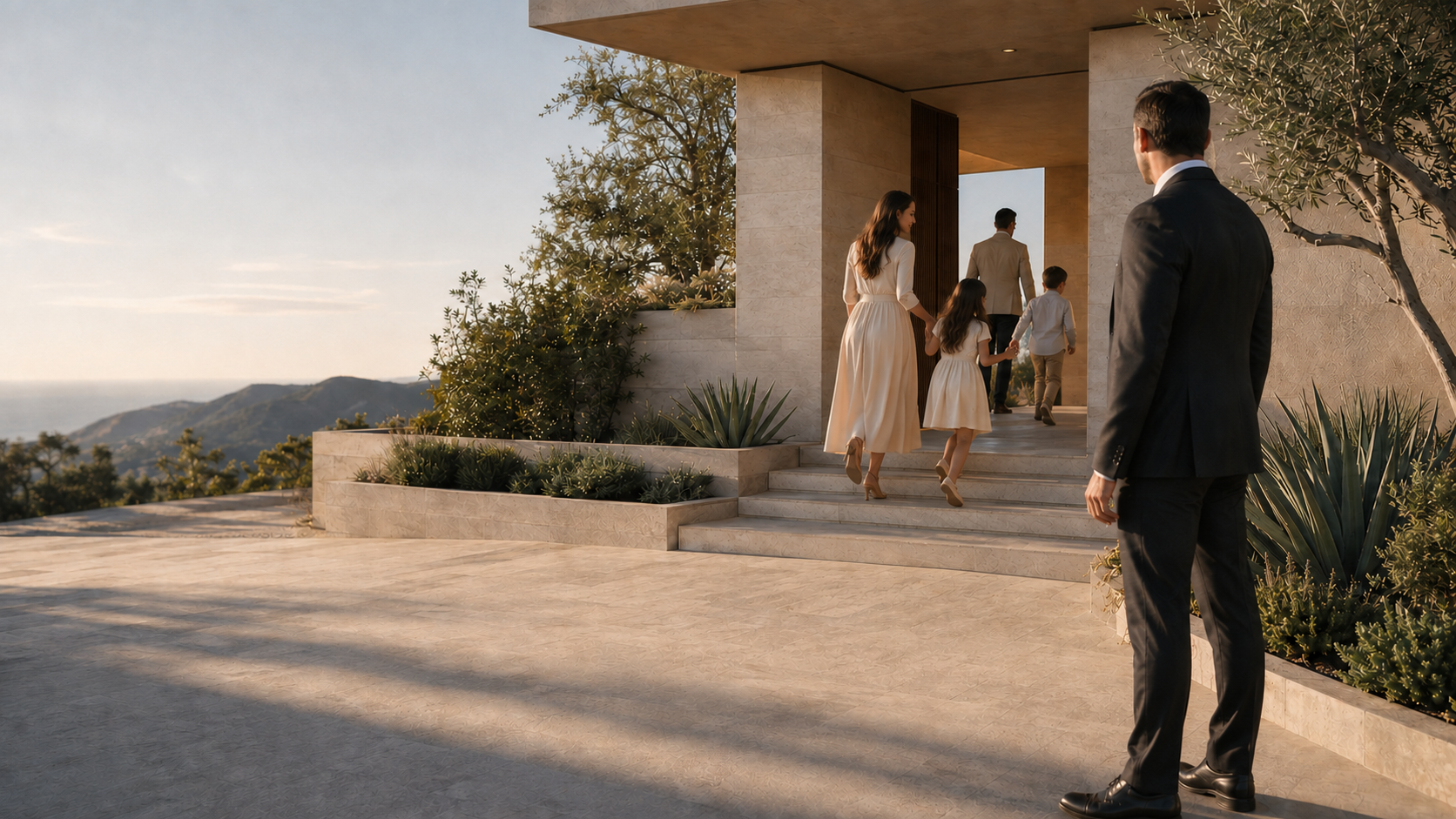 Family entering a modern Southern California residence with a discreet protection professional nearby