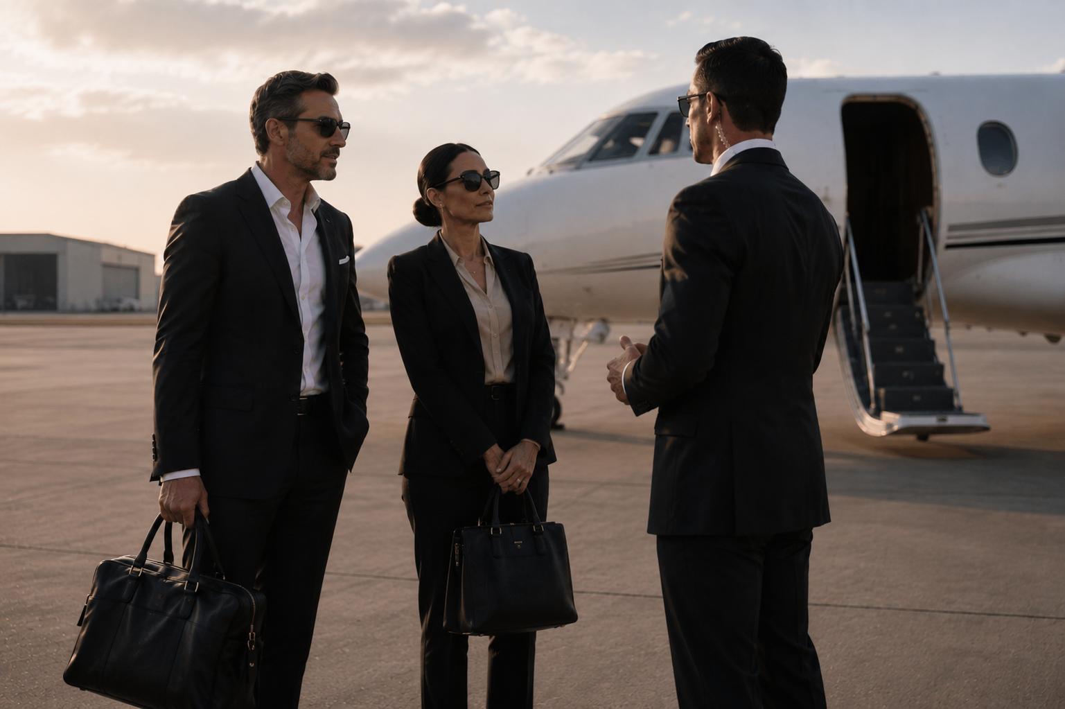 Executive protection team coordinating a discreet arrival at a private aviation terminal